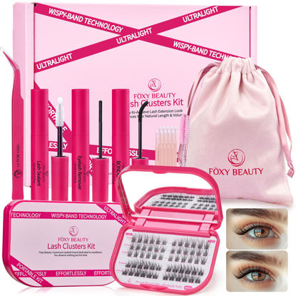 Picture of Lash Clusters Kit with Bond and Seal Lash Clusters Left &Right Lash Extension Kit with Eyelid Wipes Remover Eyelash Brush Eyelash Extension Kit Gift Set with Drawstring Bag Portable Lash Starter