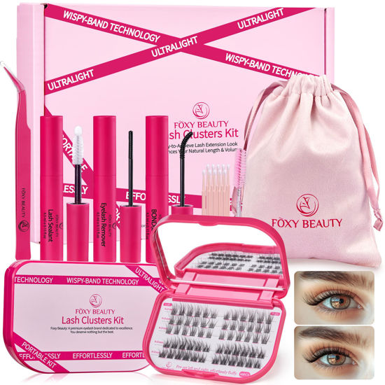 Picture of Lash Clusters Kit with Bond and Seal Lash Clusters Left &Right Lash Extension Kit with Eyelid Wipes Remover Eyelash Brush Eyelash Extension Kit Gift Set with Drawstring Bag Portable Lash Starter