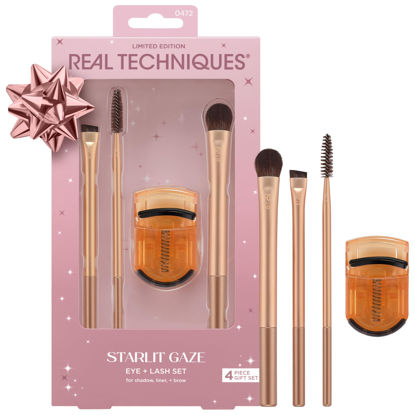 Picture of Real Techniques Starlit Gaze Eye + Lash 4 Piece Holiday Gift Set, Eye Makeup Brush Set For Eyeshadow & Brow Products, Mini Eyelash Curler For Travel, Stocking Stuffer, Limited Edition, Cruelty-Free