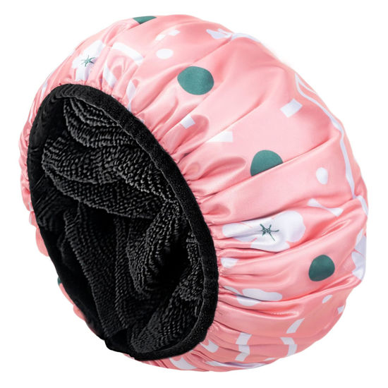 Picture of Aquior Shower Cap,Extra Large Triple Layer Bathing Cap with Dry Hair Function for Women Microfiber Terry Cloth Silky Satin 100%% Waterproof Reusable Long Hair Bath Caps (Pink Flora)