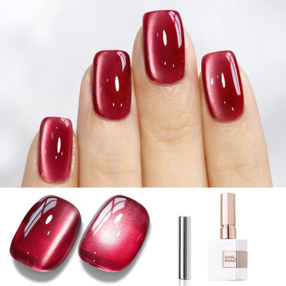 Picture of Double Rhythm Jelly Glass Cat Eye Gel Polish with Magnet 15ML Holographic Glitter Shimmer Translucent Sheer Color Magnetic Nail Polish Salon DIY at Home (Red-MC1116)