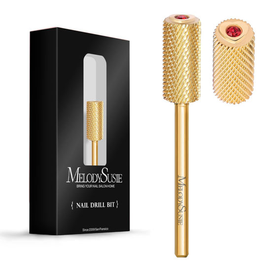 Picture of MelodySusie Crystal Top Red Heart Shape Nail Drill Bits, 3/32'' Large Barrel Carbide Bits, Suitable for Manicure Pedicure Cuticle Gel Polishing, Beginners Bits, Gold, Series Bit-S, Medium
