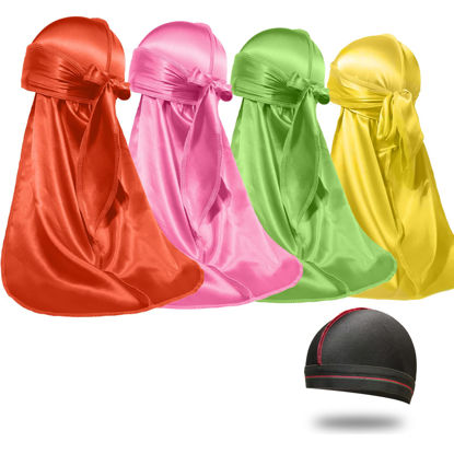 Picture of 4PCS Silky Durags for Men Women 360 Waves with 1 Wave Cap, Silky Satin Durag Extra Long Tails