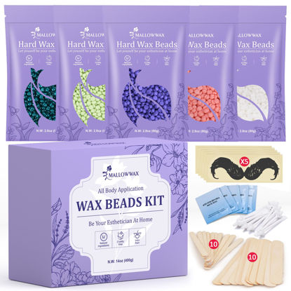 Picture of Mallowwax Wax Beads for Hair Removal -5 Pack Hard Wax for Sensitive Skin, Ideal for Bikini, Brazilian, Face, Eyebrow, Legs, Armpit, Full Body - Professional Waxing Wax Refill at Home for Women Men