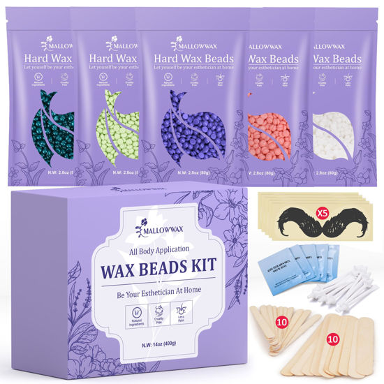 Picture of Mallowwax Wax Beads for Hair Removal -5 Pack Hard Wax for Sensitive Skin, Ideal for Bikini, Brazilian, Face, Eyebrow, Legs, Armpit, Full Body - Professional Waxing Wax Refill at Home for Women Men