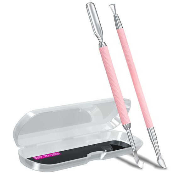 Picture of 2PCS Metal Pink Cuticle Pusher and Cutter Remover Salon Quality Stainless Steel Gel Nail Polish Peeler Scraper Durable Professional Manicure Pedicure Cleaner Tool For Fingernail and Toenail