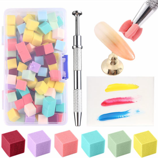 Picture of Fcozpjk 100Pcs Soft Nail Sponges for Ombre Mini Nail Art Sponges With Grabbing Pen Colorful Aura Nail Sponge Set Brush for Gel Nails Gradient Sponge With Disposable Gel Polish Palette Paper