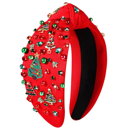Picture of Christmas Headband for Women Holiday Christmas Accessories Beaded Xmas Bow Tree Snowflake HOHOHO Knotted Headband Red Green Crystal Pearl Top Knot Headband Festive Holiday Gifts (Xmas Tree 7)