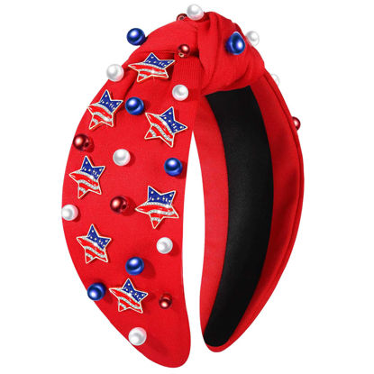 Picture of 4th of July Headbands for Women, 4th of July Accessories, American Flag Patriotic Headbands, Rhinestone Pearl Knotted Headbands Beads Embellished Jeweled Headbands Holiday Gifts (Star C-Red)
