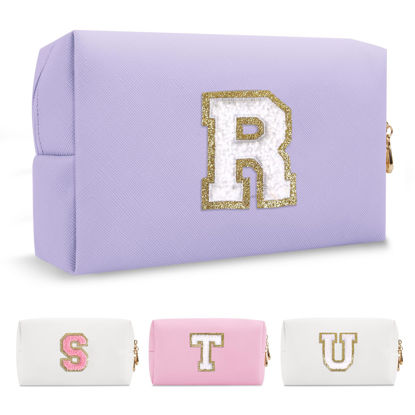 Picture of Personalized Makeup Bag Initial A-Z Preppy Patch Bag,Small PU Leather Travel Cosmetic Bag Pouch with Zipper,White Cute Toiletry Bag,Valentines Day Gifts Ideal for Teen Girls Women Friend Mom,Latter R