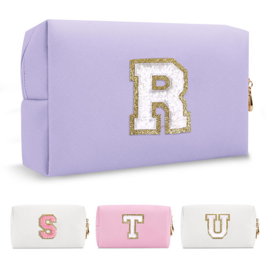 Picture of Personalized Makeup Bag Initial A-Z Preppy Patch Bag,Small PU Leather Travel Cosmetic Bag Pouch with Zipper,White Cute Toiletry Bag,Valentines Day Gifts Ideal for Teen Girls Women Friend Mom,Latter R