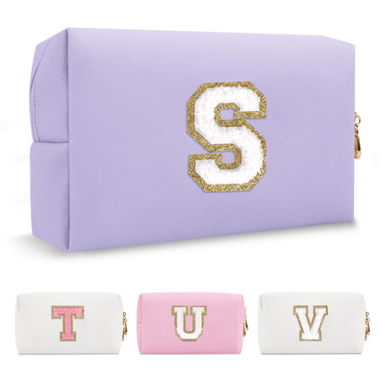 Picture of Personalized Makeup Bag Initial A-Z Preppy Patch Bag,Small PU Leather Travel Cosmetic Bag Pouch with Zipper,White Cute Toiletry Bag,Valentines Day Gifts Ideal for Teen Girls Women Friend Mom,Latter S