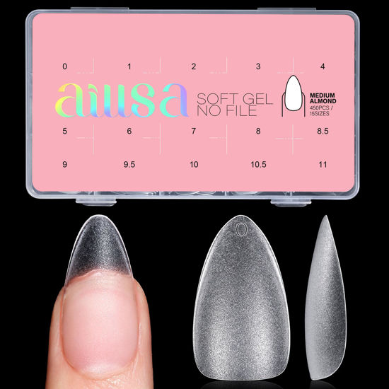 Picture of AILLSA Medium Almond Nail Tips 450PCS Full Cover Clear Acrylic Nail Tips Double-Sided Matte No Need Base Coat Nail Tips Press on Fake Nail Tips for Nail Tips Extension False Nails DIY Salon 15 Sizes