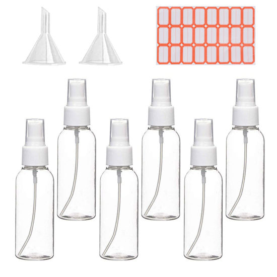 Picture of Zoizocp Spray Bottles, 2.7oz/80ml Clear Empty Fine Mist Plastic Mini Travel Bottle Set, Small Refillable Liquid Containers with 2pcs Funnels and 24pcs Labels (6 Pack)