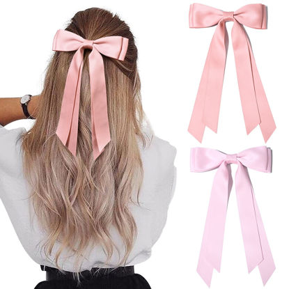 Picture of 2PCS Silky Satin Hair Bows Hair Clip Pink Hair Ribbon Ponytail Holder Accessories Slides Metal Clips Hair Bow for Women Girls Toddlers Teens Kids
