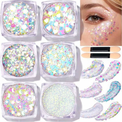 Picture of Teenitor Face Glitter Body Glitter, Clear White Body Glitter Gel, Hair Glitter Gel, 6 Shapes Rave Glitter, Mermaid Sequins Makeup Glitters Face Paint, Chunky Sparkling Glitter Gel for Women