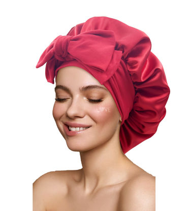 Picture of Satin Bonnet Silk Bonnet Hair Bonnet for Sleeping Large Bonnets with Tie Band Hair Wrap with Adjustable Straps Hair Cap Night Sleep Caps for Women Curly Braid Hair Wine Red