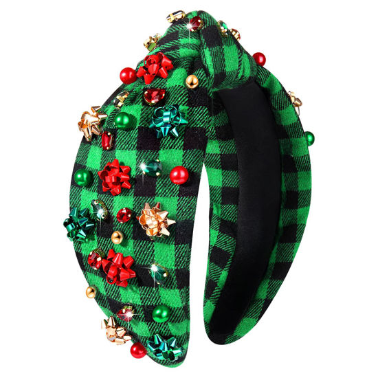 Picture of NVENF Jeweled Knotted Plaid Headband with Crystals and Pearls - Wide Top Knot Hair Accessory for Women, Christmas and Holiday Gift (Xmas Bow 2)