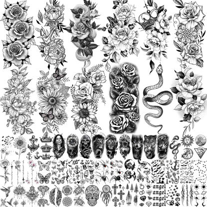 Picture of COKTAK 59 Sheets Sexy 3D Rose Flower Temporary Tattoos For Women Girls Arm Neck, Snake Floral Sunflower Leaf Peony Fake Tattoo Sticker Adult, Black Realistic Temp Tatoos Moon Dandelion Butterfly Thigh