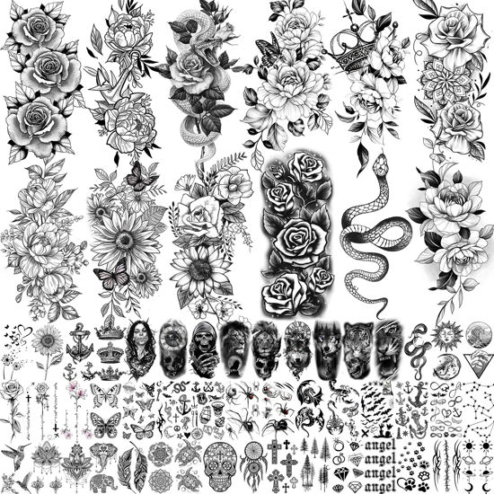 Picture of COKTAK 59 Sheets Sexy 3D Rose Flower Temporary Tattoos For Women Girls Arm Neck, Snake Floral Sunflower Leaf Peony Fake Tattoo Sticker Adult, Black Realistic Temp Tatoos Moon Dandelion Butterfly Thigh