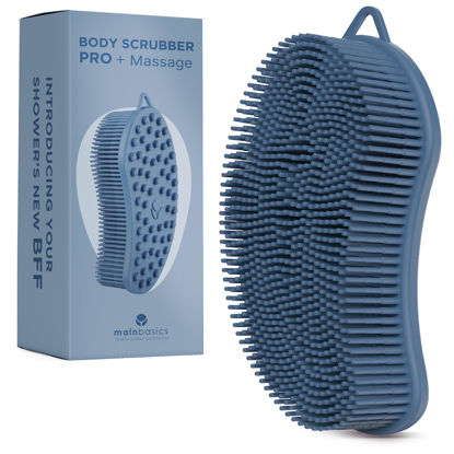 Picture of MainBasics Exfoliating Silicone Body Scrubber Pro 2-in-1 Shower Scrubber for Body, Silicone Loofah and Body Massager (Dark Blue, Body + Massage)