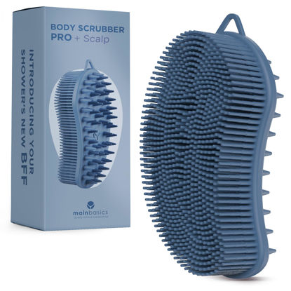 Picture of MainBasics Exfoliating Silicone Body Scrubber Pro 2-in-1 Shower Scrubber for Body, Silicone Loofah and Scalp Massager (Dark Blue, Body + Scalp)