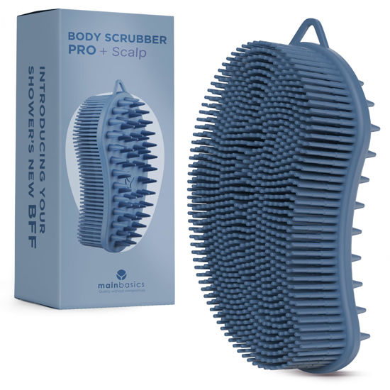 Picture of MainBasics Exfoliating Silicone Body Scrubber Pro 2-in-1 Shower Scrubber for Body, Silicone Loofah and Scalp Massager (Dark Blue, Body + Scalp)