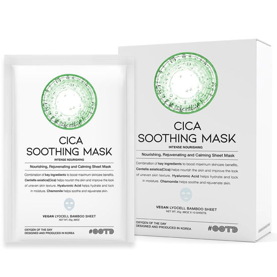 Picture of #OOTD Cica Calming Mask for Face Sensitive Irritated Skin, Soothing, Moisturizing, Korean Anti Aging Face Mask, Eve Vegan, Chamomile, Hyaluronic Acid 10EA