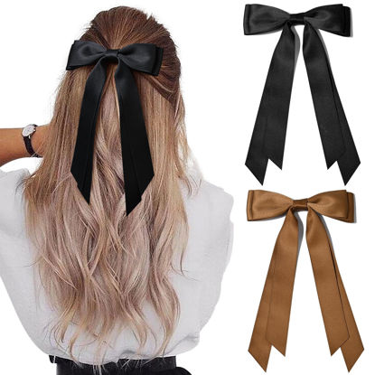 Picture of 2PCS Silky Satin Hair Bows Hair Clip Black Brown Hair Ribbon Ponytail Holder Accessories Slides Metal Clips Hair Bow for Women Girls Toddlers Teens Kids