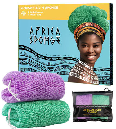 Picture of African Net Sponge Authentic - 2 Pieces Real African Exfoliating Loofah Sponge with Knots - African Net Wash Cloths for Body Scrubber Exfoliator Seawave & Lilac - Back Scrub for Shower Bath