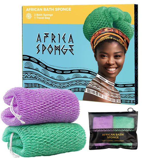 Picture of African Net Sponge Authentic - 2 Pieces Real African Exfoliating Loofah Sponge with Knots - African Net Wash Cloths for Body Scrubber Exfoliator Seawave & Lilac - Back Scrub for Shower Bath