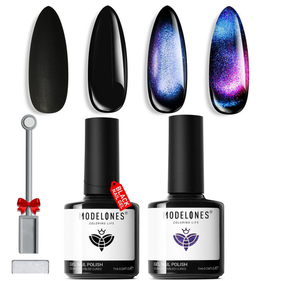 Picture of modelones 9D Cat Eye Gel Nail Polish Set - 2 Pcs Black Gel Nail Polish Blue Chameleon Magnetic Galaxy Glitter Galactic Effect Magic Gel Polish with Magnet Stick Soak Off LED Gel Nail Polish Nail Art