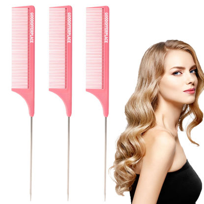 Picture of Goodofferplace 3 PCS Rat Tail Combs Parting Rattail Combs Teasing Fine Tooth Comb with Metal Pick for Curly Hair,Detangling Combs for Women,Parting Combs for Braiding,Styling Hair(Pink)