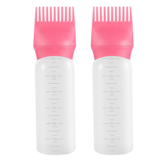 Picture of Pimoys Hair Oil Applicator Bottle 6 Ounce, 2 Pack Root Comb Applicator Bottle Hair Dye Oiling Applicator Brush with Graduated Scale, Pink