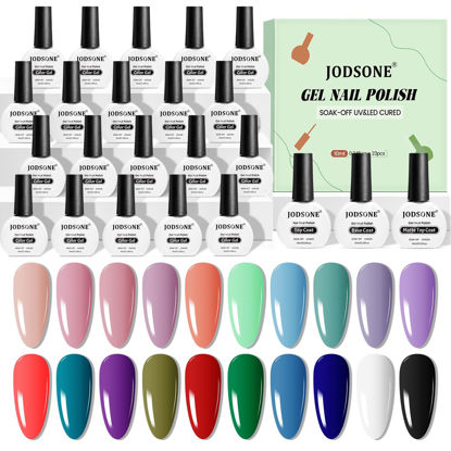 Picture of JODSONE Gel Nail Polish 20 Color Blue Red Matching Base Coat Glossy and Matte Top Coat 23 Bottles of 10ml Professional Nail Care Use
