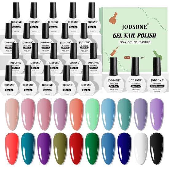 Picture of JODSONE Gel Nail Polish 20 Color Blue Red Matching Base Coat Glossy and Matte Top Coat 23 Bottles of 10ml Professional Nail Care Use