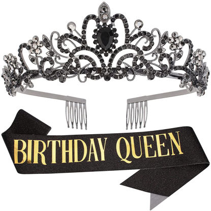Picture of "Birthday Queen" Sash & Rhinestone Tiara Set COCIDE Black Birthday Gold Sash and Tiara for Women Birthday Decoration Kit Rhinestone Headband for Girl Glitter Crystal Hair Accessories for Party Cake Topper