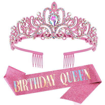 Picture of "Birthday Queen" Sash and Crystal Tiara Set Tiara and Crowns for Women COCIDE Birthday Gift for Girl Kit Decorations Set Rhinestone Hair Accessories Glitter Stain Silk Sash for Party