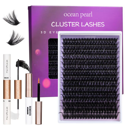 Picture of Ocean Pearl Lash Clusters 10-20mm Thick 300D Volume Eyelashes Clusters Lashes 300PCS Lash Extension Kit Eyelash Extension Kit Fluffy Individual Lashes DIY Lash with Lash Bond+Seal+Remover+Tweezer-300D