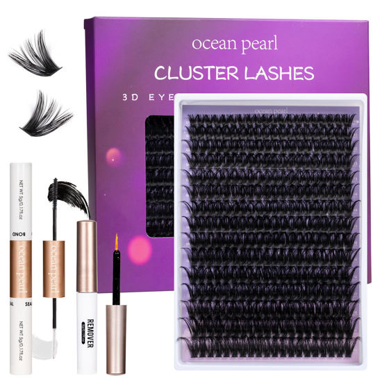 Picture of Ocean Pearl Lash Clusters 10-20mm Thick 300D Volume Eyelashes Clusters Lashes 300PCS Lash Extension Kit Eyelash Extension Kit Fluffy Individual Lashes DIY Lash with Lash Bond+Seal+Remover+Tweezer-300D