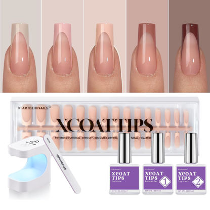 Picture of BTArtboxnails XCOATTIPS French Gel Nails - Skin Tones French Tip Press on Nails, Long Square Nail Tips with Nail Gel, French Protecting Duo, Nail Lamp, All in One Fake Nail Valentines Day Gifts