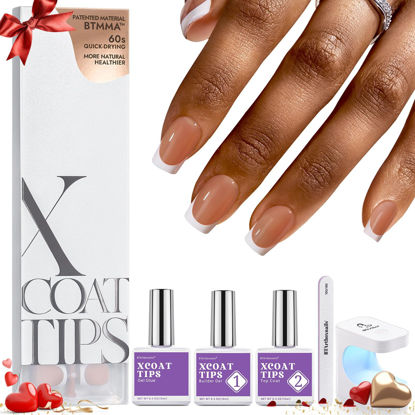 Picture of BTArtboxnails XCOATTIPS French Tip Nail Kit - Short Square Brown French Nail Tips with Nail Gel, French Protecing Duo, Nail Lamp, Gel Nail Extension Kit Valentines Day Gift