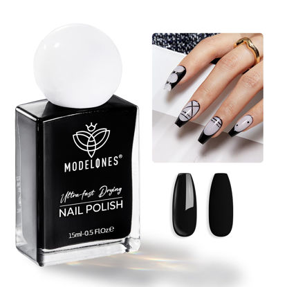 Picture of modelones Black Nail Polish, Classic Black 15 ml Quick Dry Nail Lacquer Nail Strengthener Long Last Shine Fingernail Toe Nail Art DIY Home Travel Manicure Gift for Women Girls 0.5 Fl Oz