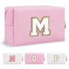 Picture of Personalized Initial A-Z Preppy Patch Makeup Bag,Small PU Chenille Letter Cosmetic Bag with Zipper for Teen Girls,Pink Cute Toiletry Organizer Bag,Monogram Makeup Case Gift for Women Girls,Letter M
