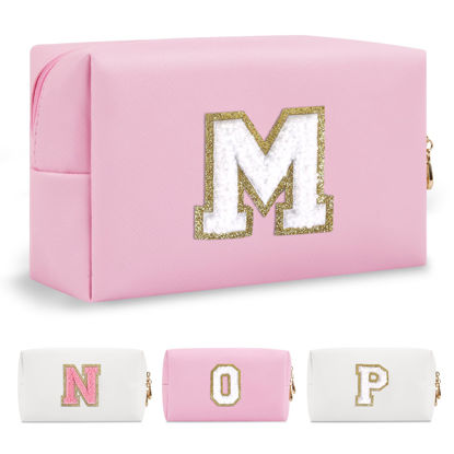 Picture of Personalized Initial A-Z Preppy Patch Makeup Bag,Small PU Chenille Letter Cosmetic Bag with Zipper for Teen Girls,Pink Cute Toiletry Organizer Bag,Monogram Makeup Case Gift for Women Girls,Letter M