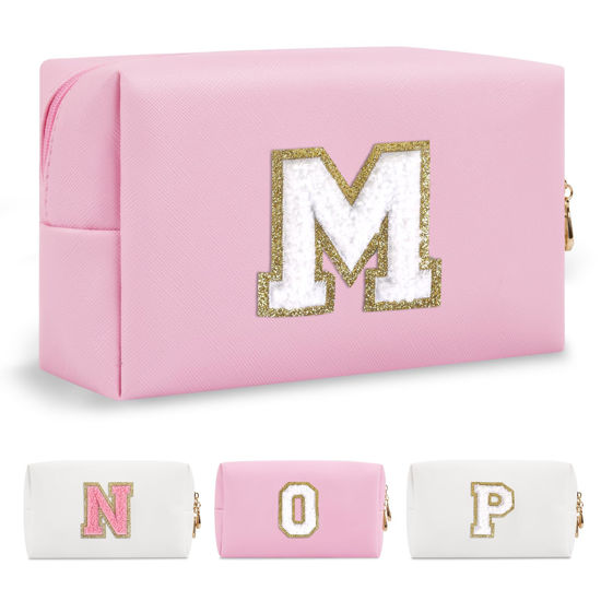 Picture of Personalized Initial A-Z Preppy Patch Makeup Bag,Small PU Chenille Letter Cosmetic Bag with Zipper for Teen Girls,Pink Cute Toiletry Organizer Bag,Monogram Makeup Case Gift for Women Girls,Letter M