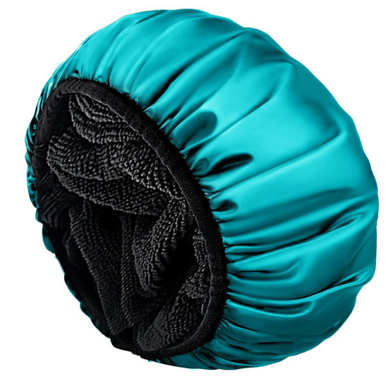 Picture of Aquior Shower Cap,Extra Large Triple Layer Bathing Cap with Dry Hair Function for Women Microfiber Terry Cloth Silky Satin 100% Waterproof Reusable Long Hair Bath Caps (Green)