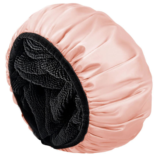 Picture of Aquior Shower Cap,Shower Cap for Women Reusable, Triple Layer Waterproof Bath Cap,Silky Satin Outer Layer Terry Lining, Extra Large for Women Long Hair(Champagne)
