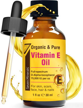 Picture of Seven Minerals NEW Ultra Pure Vitamin E Oil - 75,000 IU Full-Spectrum D-Alpha Tocopherol, 1 Fl Oz - 100% Organic Vitamin E Oil for Skin, Face, Hair, and Scars - Naturally Occurring = Not Synthetic