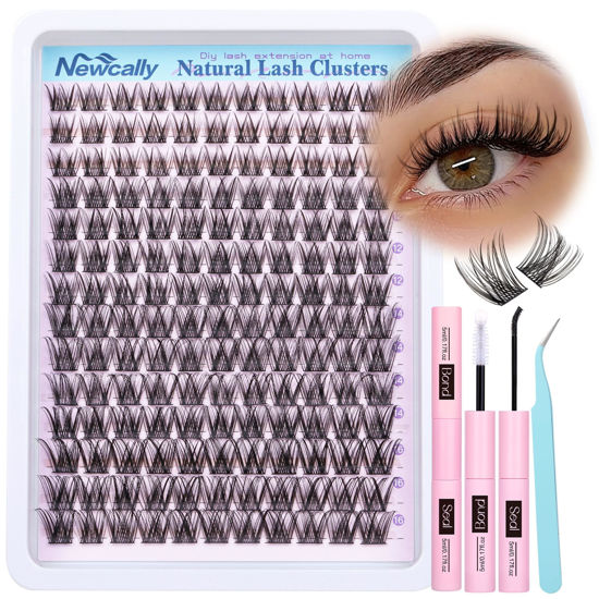 Picture of Lash Clusters Kit Wispy Natural Cluster Eyelash Extension Kit DIY Lash Extension Kit C Curl 10-16MM Eyelash Clusters Volume Individual Lashes Kit by Newcally